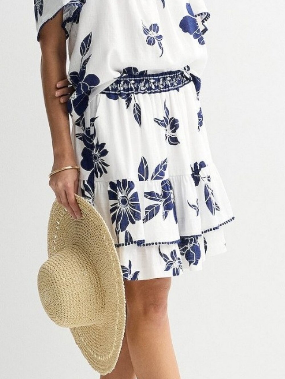 Draper James Floral Double Ruffle Pom Pom Trim Skirt Linen Blend Navy White L